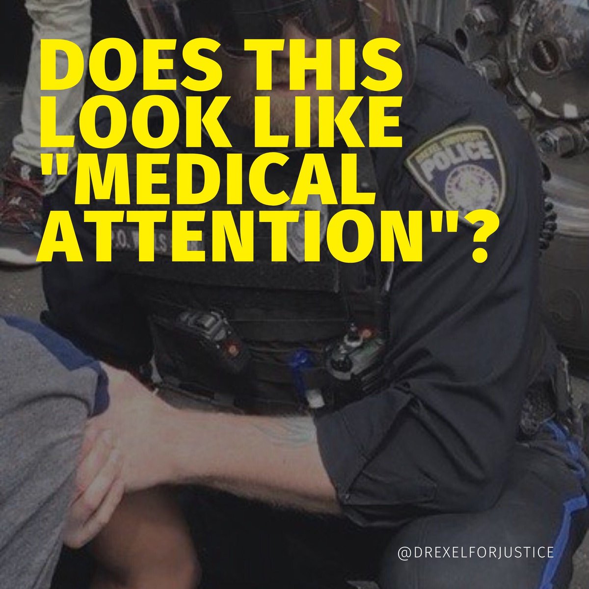 DaracDrexel's tweet photo. @DrexelUniv Anti-Racist task force claims that #Drexel #Police was on 52nd Street securing the perimeter for #PPD as they were teargassing residents. It also claims #DUPD officer was offering medical aid to this resident, who as you see is in #handcuffs https://t.co/qlH6txLhfs