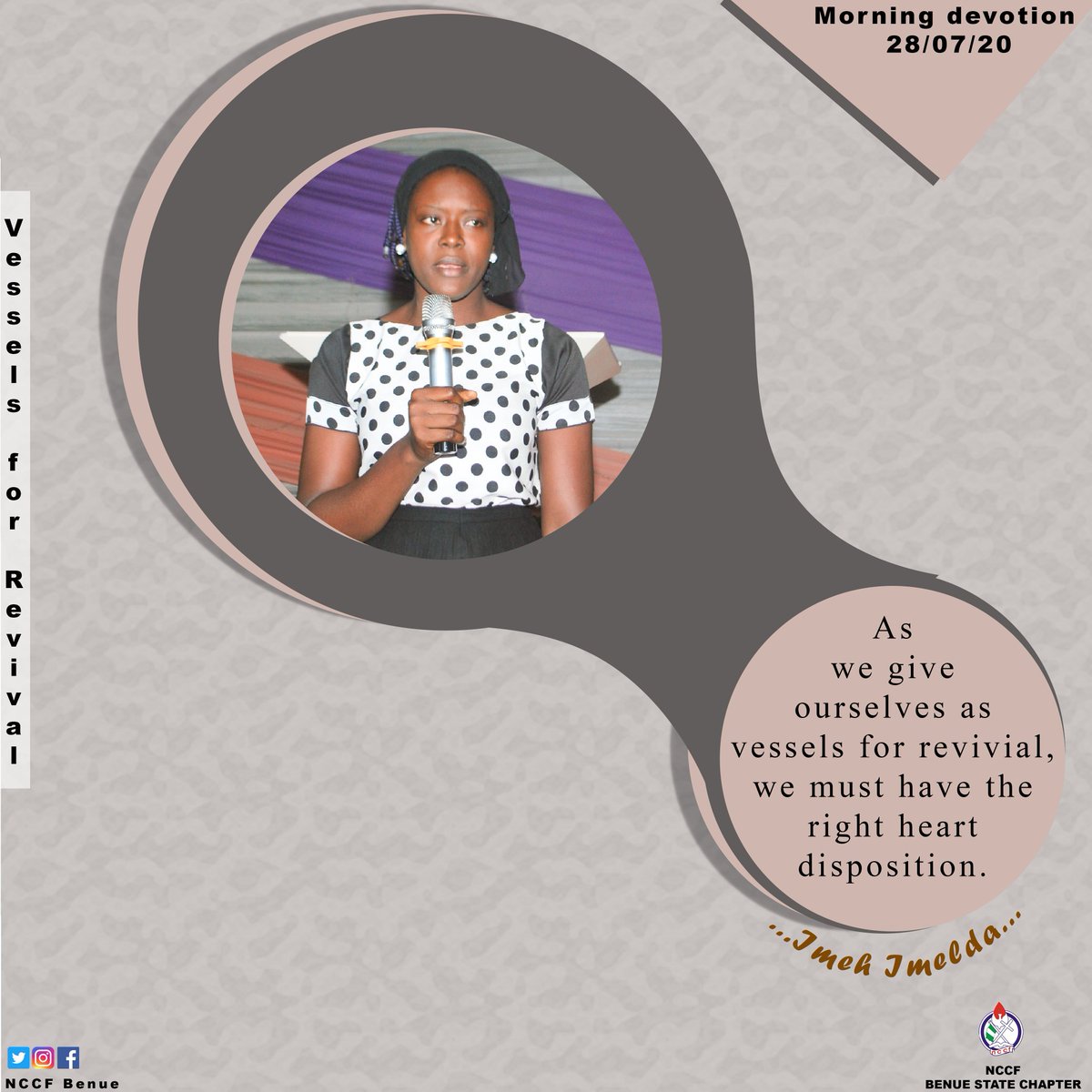 NccfBenue's tweet photo. Tuesday Morning Devotion
Monthly theme: Vessels for Revival
Text: 2 kings 2:19-22, 4:1-7

A right disposition of the heart is needed for revival. If we would be vessels, we must be position properly.
Minister: Sis Imeh Imelda https://t.co/3kcm2c0Hb3