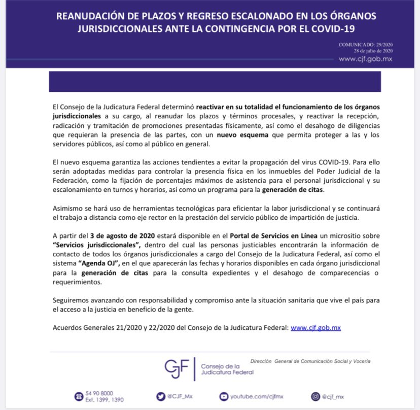 OAJ_Mex's tweet photo. #Comunicado La justicia federal evoluciona y se fortalece.

La pandemia nos ha puesto a prueba y la respuesta del PJF fue consolidar la e-justicia al 100%

Ahora, se reanudan plazos y habrá regreso escalonado de juzgados y tribunales, cuidando la salud.

La justicia no se detiene https://t.co/MZfjR2fU1y
