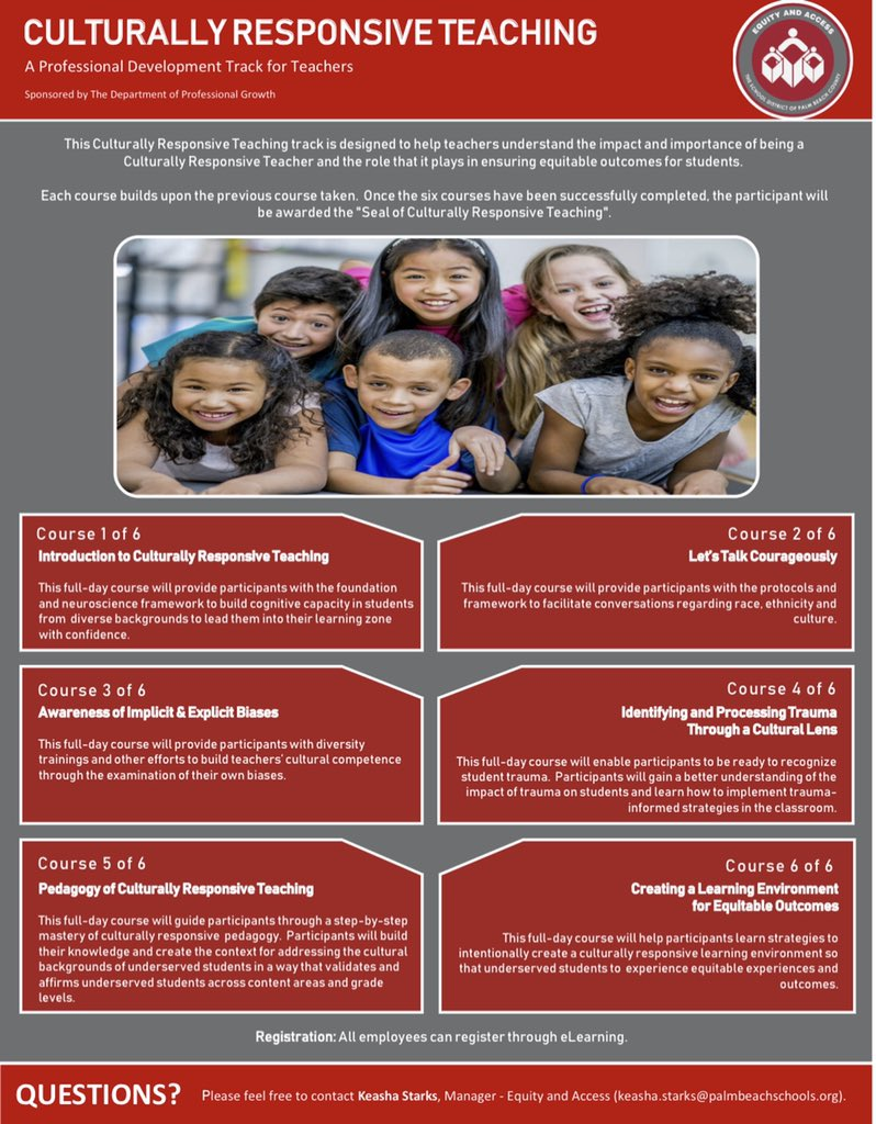 carlene_millen's tweet photo. This Friday, July 31st all Course 1 - Culturally Responsive Teaching sessions that will be held in the month of August will be posted in eLearning.  All interested teachers can register for the session of their choice.
#LearningLeadingAndGrowingTogether https://t.co/CATi4hzqRW