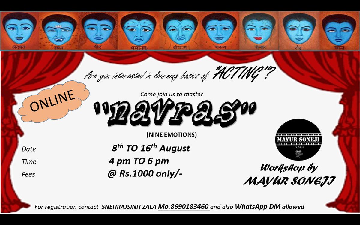SonejiMayur's tweet photo. #Acting #actingclass #actingworkshop #OnlineClasses #onlineactingclasses #onlineactingworkshop #actors #actorslife #aspiringactors #navras #9ras #9emotions #shringarras #karunras #hasyaras #Castingcall
Registrations open https://t.co/J7BXZutoLB