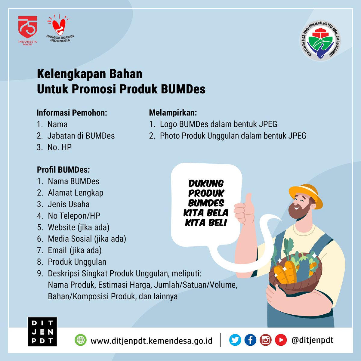 Ditjen_PPDT's tweet photo. Yuk bersama kita bantu BUMDes mempromosikan produk unggulannya melalui media sosial.

Bagi BUMDes yang ingin dipromosikan, silahkan kirim pesan melalui medsos kami, atau dapat menghubungi melalui WA nomor 0857-4341-1156 / 0812-8112-4001

Dukung produk BUMDes, Kita Bela Kita Beli. https://t.co/VSPIw5beOO
