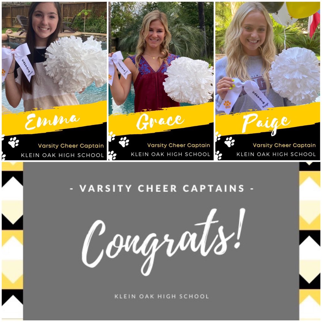 🎉 Congrats to our 20-21 Varsity squad captains. It’s going to be a fantastic year!! 🖤🤍💛 <a href="/KleinOak/">Klein Oak HS</a> <a href="/oakcheer/">Klein Oak Cheer</a>