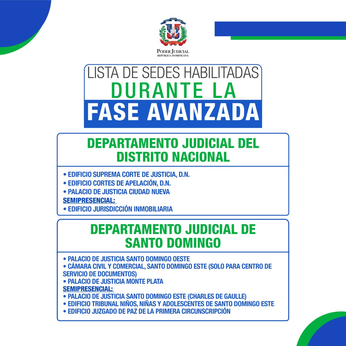 PoderJudicialRD's tweet photo. Recuerde que durante la Fase Avanzada la virtualidad se mantiene como la vía de acceso principal al Servicio Judicial. Acceda a  https://t.co/7PKOjGsdEH para agendar su cita y asistir a las sedes habilitadas en esta Fase Avanzada. 

#PoderJudicialRD https://t.co/IdO9jnAbW6