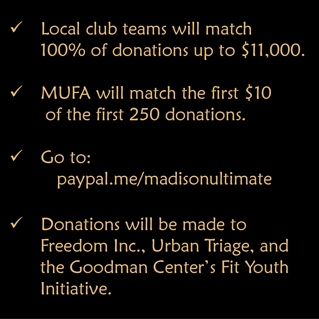 We're extending the deadline to join us and #DonateYourDues to Sunday, August 2nd so there is still time to donate and support the fight for social justice in our community.

Donate at paypal.me/madisonultimate