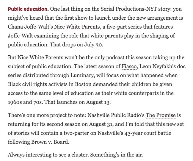 There are at least 3 school-related podcast series coming in August, including the new season of  @leoncrawl's Fiasco. A new podcast trendlet is shows explaining public schools and public housing  http://ow.ly/r2Fn30r1lv7&nbsp;via Nieman Reports