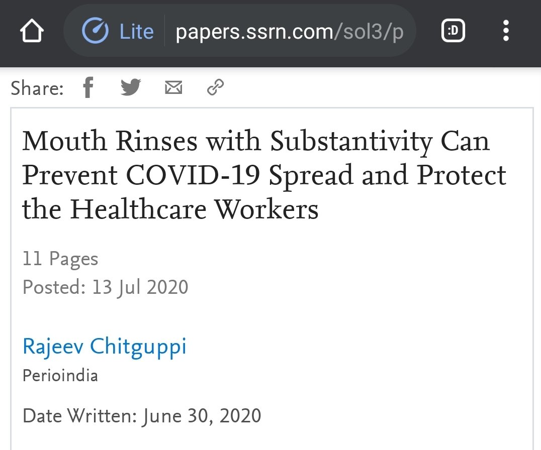 . My paper "Mouth Rinses with Substantivity Can Prevent COVID-19 Spread and Protect the Healthcare Workers" My article is one of the most downloaded papers (9/n) #SARSCoV2  #Chlorhexidine  #PovidoneIodine Link: https://papers.ssrn.com/sol3/papers.cfm?abstract_id=3638601
