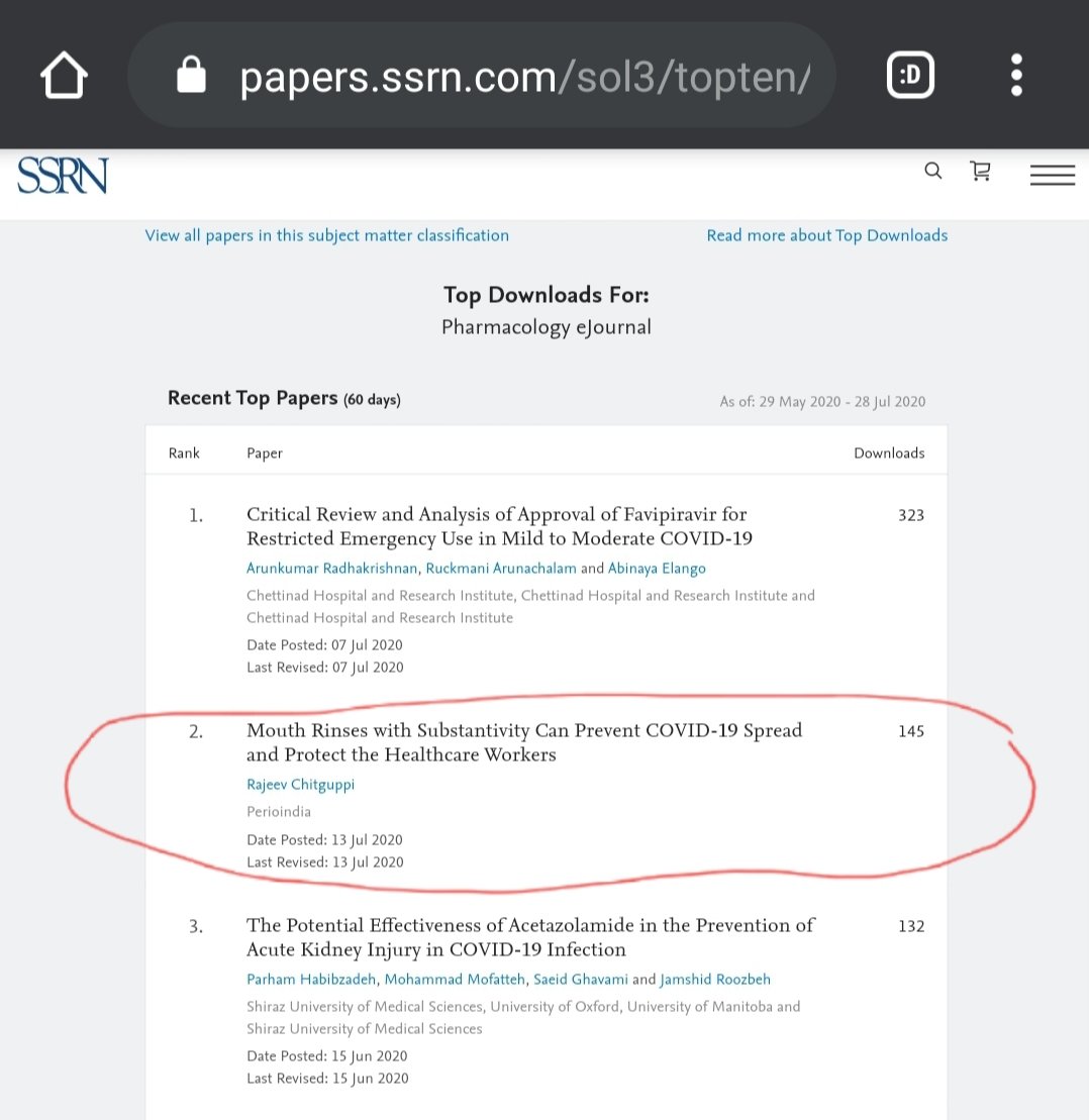 . My paper "Mouth Rinses with Substantivity Can Prevent COVID-19 Spread and Protect the Healthcare Workers" My article is one of the most downloaded papers (9/n) #SARSCoV2  #Chlorhexidine  #PovidoneIodine Link: https://papers.ssrn.com/sol3/papers.cfm?abstract_id=3638601