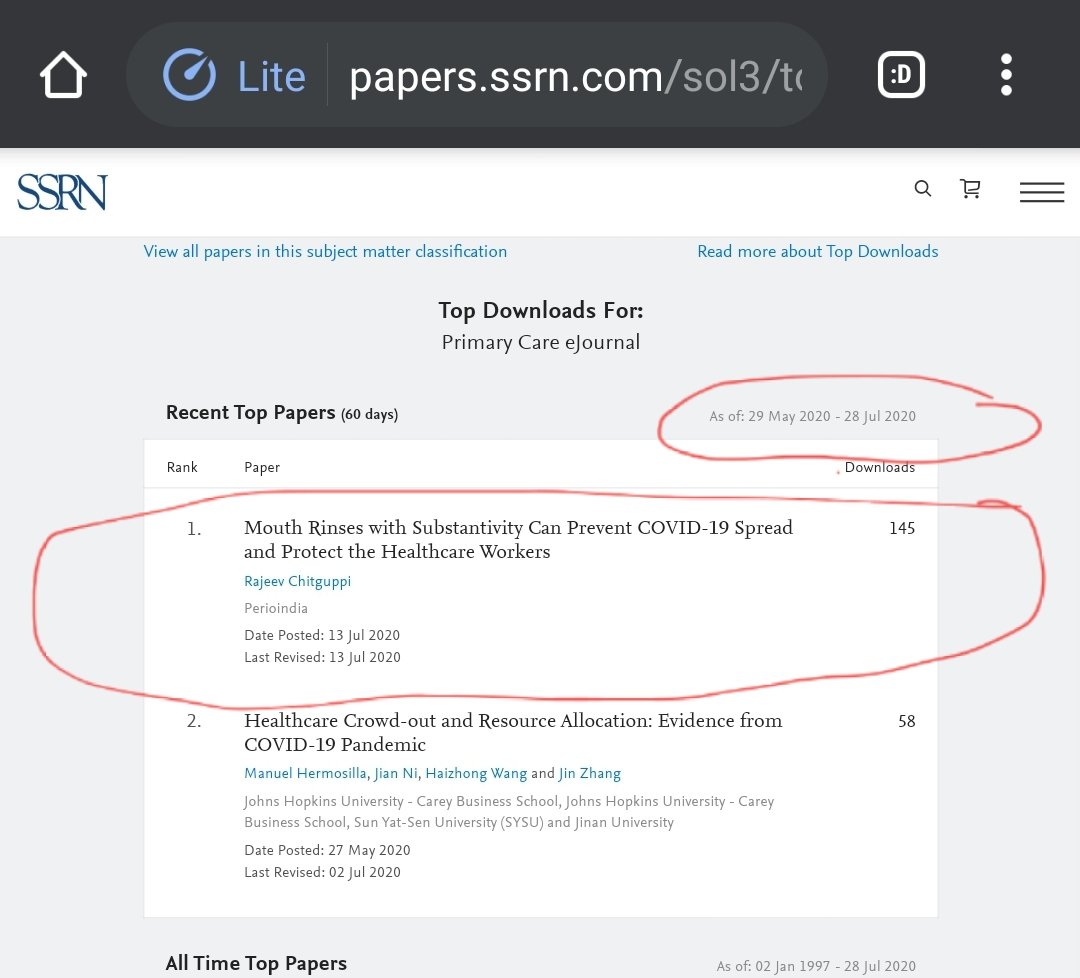 . My paper "Mouth Rinses with Substantivity Can Prevent COVID-19 Spread and Protect the Healthcare Workers" My article is one of the most downloaded papers (9/n) #SARSCoV2  #Chlorhexidine  #PovidoneIodine Link: https://papers.ssrn.com/sol3/papers.cfm?abstract_id=3638601