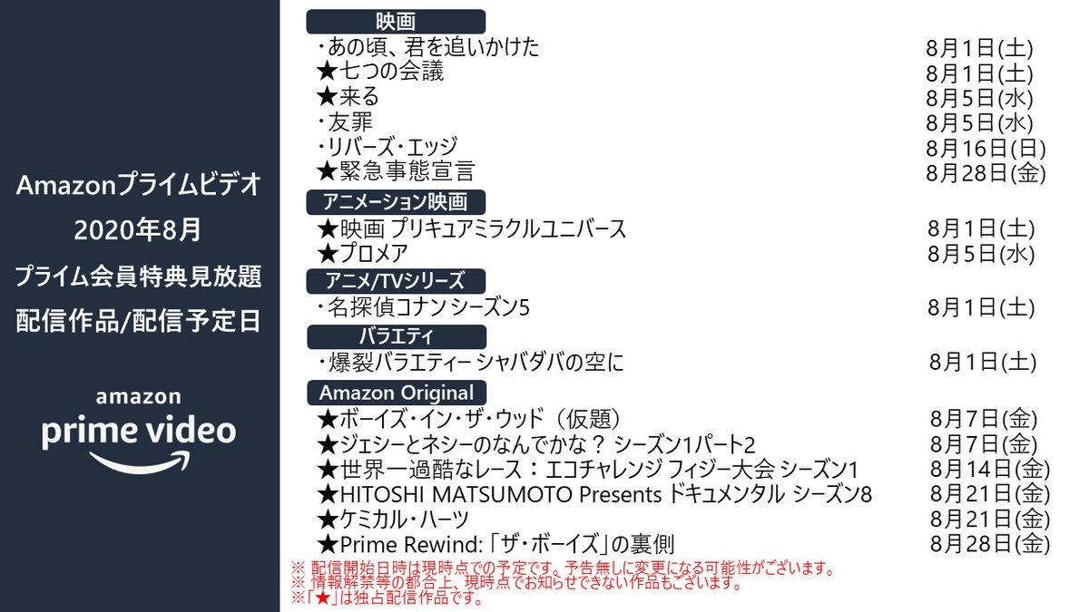 Amazon Prime Video プライムビデオ Amazonプライムビデオ 8月 配信作品 一覧 緊急事態宣言 映画 プリキュアミラクルユニバース 七つの会議 来る プロメア 友罪 あの頃 君を追いかけた リバーズ エッジ 名探偵コナン シーズン5