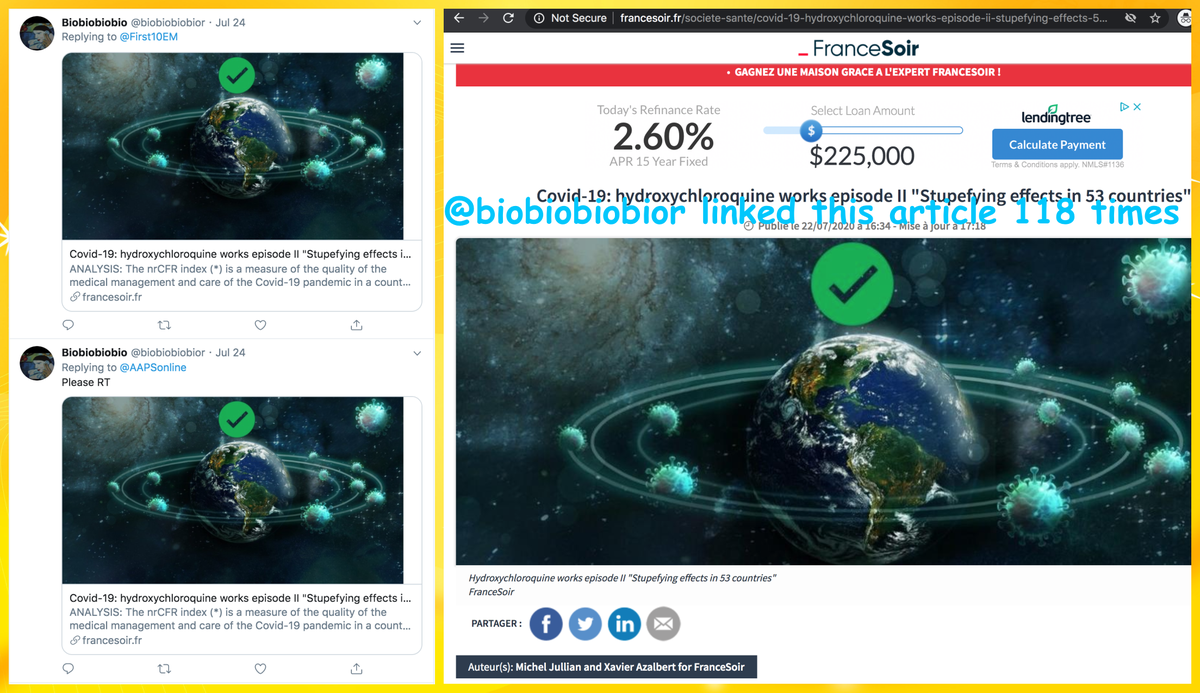 What does the recently-awakened  @biobiobiobior tweet about? Hydroxychoroquine, hydroxychloroquine, and more hydroxychloroquine, mostly. It has tweeted two different articles promoting hydroxychloroquine as a COVID-19 treatment over 100 times each.
