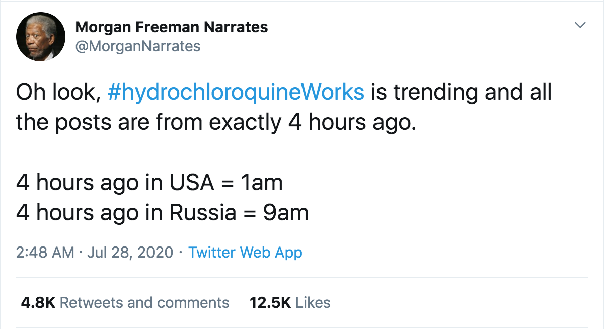 Footnote: this massively viral tweet is false.  #HydroxychloroquineWorks began trending at 8:30 PM, not 1 AM, and the posts are spread across 12+ hours, not all at the same time.  https://twitter.com/MorganNarrates/status/1288048561792462850