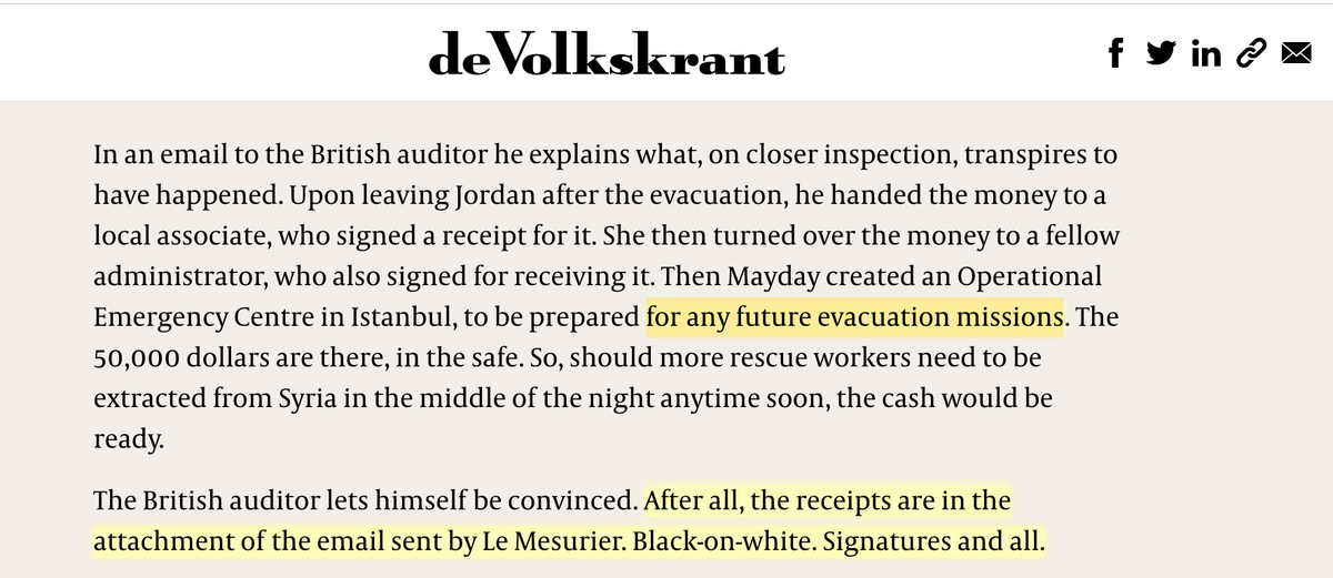 When $50,000 in donor money went missing, Le Mesurier told European gov't auditors that it was put away as contingency "for any future evacuation missions." He even provided receipts. But whoops: the auditor later discovered the receipts were forged -- at Le Mesurier's behest.