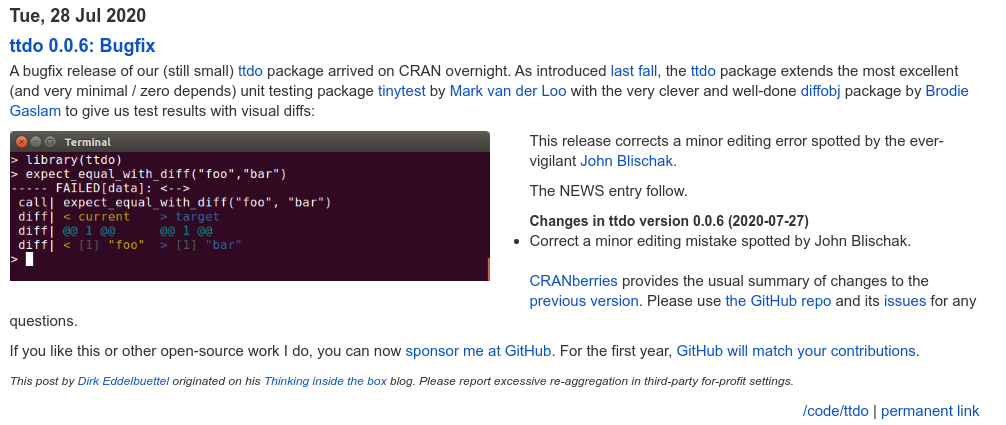 eddelbuettel's tweet photo. ttdo 0.0.6 on CRAN: Bugfix
Colorized diffs for tinytest unit test predicates
https://t.co/2y7fgbIkDk
#rstats #tinytest
/cc @jdblischak https://t.co/EYro836zjz