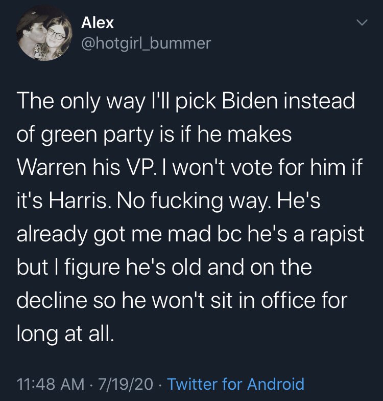 TrinityMustache's tweet photo. The Warren Dems are now threatening to not vote for Joe Biden if she isn’t on the ticket https://t.co/bIHy17EdNm
