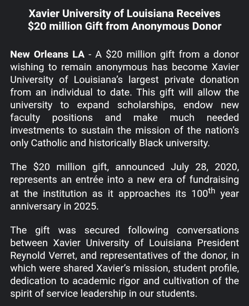 AdamHSays's tweet photo. Two HBCUs--Hampton University in Virginia and Xavier University of Louisiana--announced this afternoon that they've each received the largest donations in their schools' history https://t.co/MvHLHLt5XM
