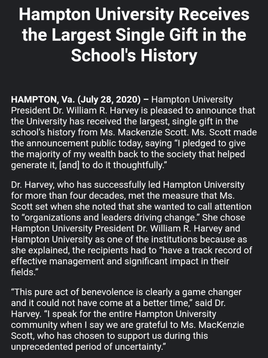 AdamHSays's tweet photo. Two HBCUs--Hampton University in Virginia and Xavier University of Louisiana--announced this afternoon that they've each received the largest donations in their schools' history https://t.co/MvHLHLt5XM