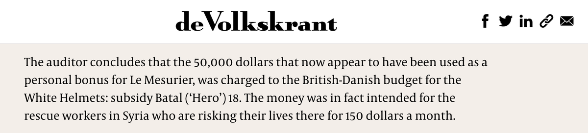 The auditor eventually figured out what happened to that missing $50,000: it was "a personal bonus for Le Mesurier" taken out of money that "was in fact intended for the rescue workers in Syria who are risking their lives there for 150 dollars a month."