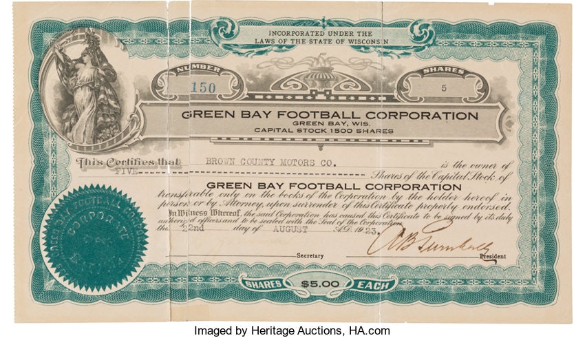 6) One way to make a profit off your Packers ownership? Hold onto your stock certificate.Here is an original 1923 Green Bay Packers stock certificate. Although it cost $5 in 1923, the original copy just sold for $10,500.
