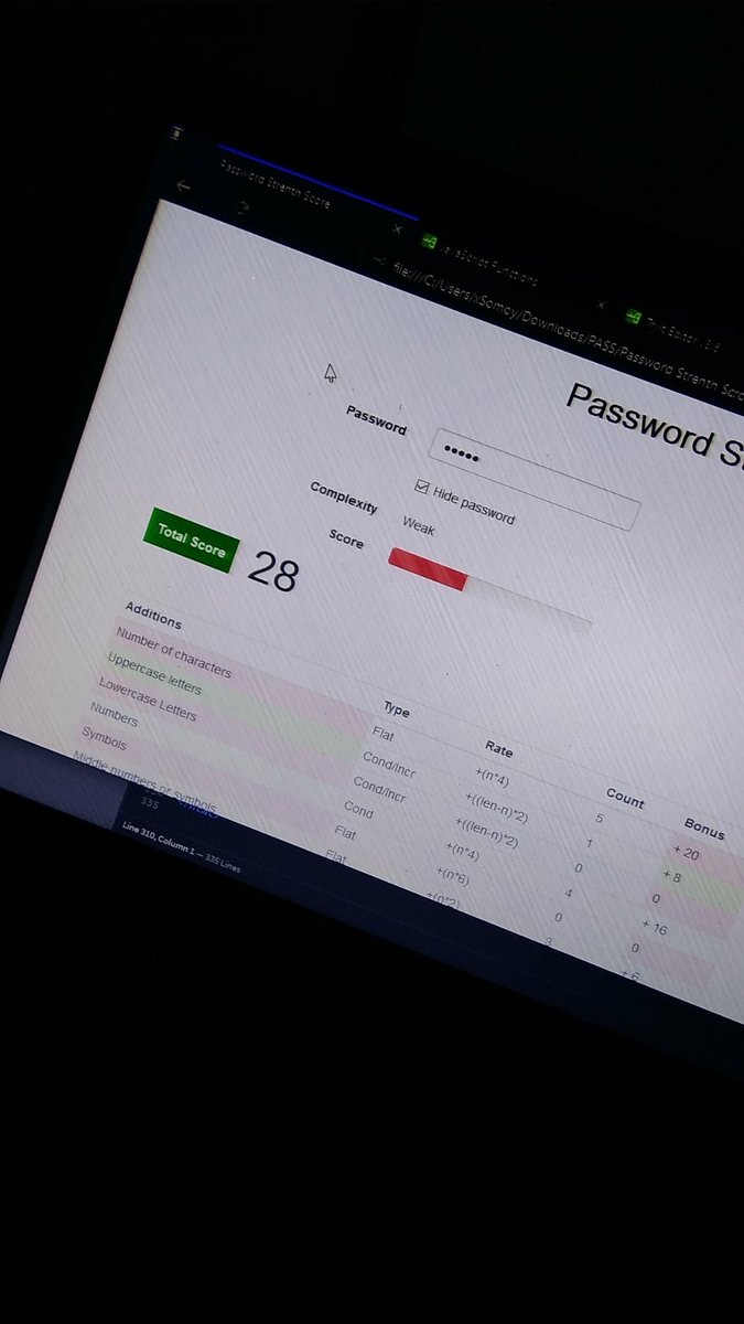 xSomoy's tweet image. i was measuring password strength using a website. But they where providing individual score. So every single time i had to calculate overall score. So i literally recreating the site including total score calculation. Yes I'm this much lazy.
#coder #lazycoder #webdev #Devloper