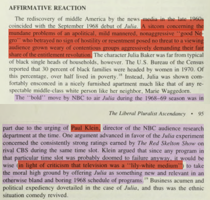 The show? Julia. Put on air by none other than Paul Klein. There's a good chapter on Julia as pacification programming running parallel to COINTELPRO in the book "Nervous Laughter", so I'll lay out some of the author's analysis below https://twitter.com/paulkleinfancam/status/1285949182981931008