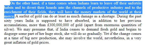 Also incredibly fascinating; Western central banks may have developed fiat currencies *specifically in response* to the threat of countries like India waking up to the inflation / money market game; if India started selling off gold, traditional gold notes would tank in value