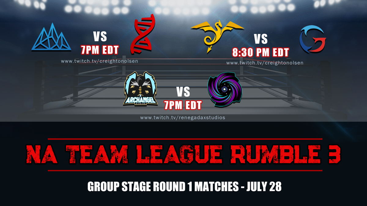 AlphaXsc2's tweet photo. We are now live with Week 1 of the NA Team League Rumble 3! Be sure to tune into the following streams for these matches!

• Icebound Esports vs Team eXoN
• Alpha X vs Risen from the Gosu
📺https://t.co/lZZCMLyxpo

• Archangel Gaming vs Kosmos Esports
📺https://t.co/OlFabMfA7I https://t.co/Wko7vyTOI3