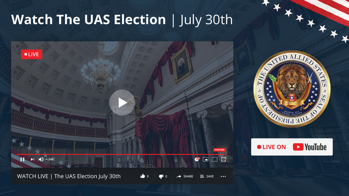 UASgov's tweet image. Join us:

Thursday, July 30th, at 6:00 PM EST for the inaugural presidential election of the UAS. 

The historical event will be live-streamed on Youtube, with links to the broadcast available on all UAS social media.

Grab your seat today.
youtube.com/channel/UCCBY3…