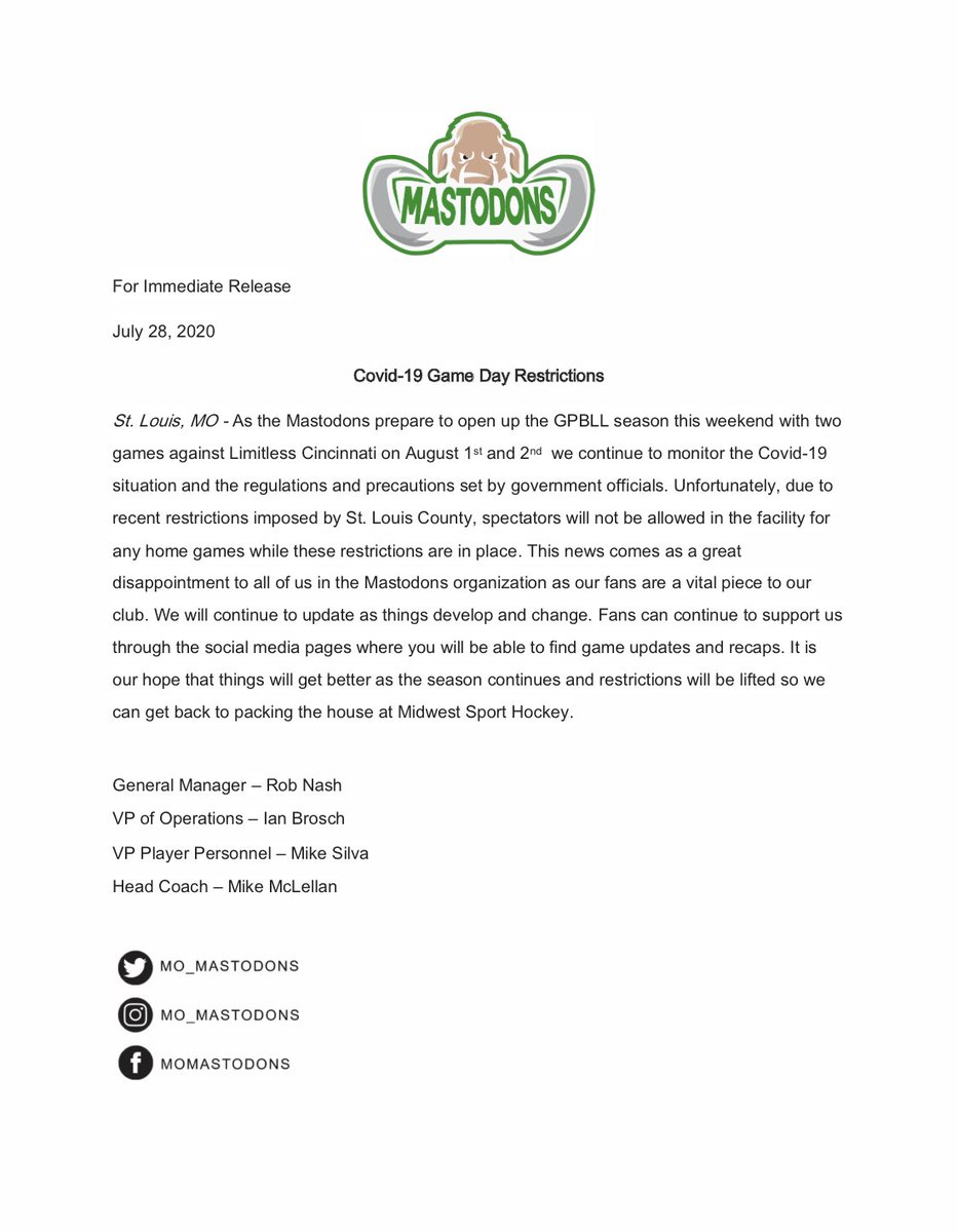 MO_Mastodons's tweet photo. Press release regarding this weekend’s games against Limitless Cincinnati and Covid-19 restrictions. #TheDons @gpbll https://t.co/fNAVP6yzVz