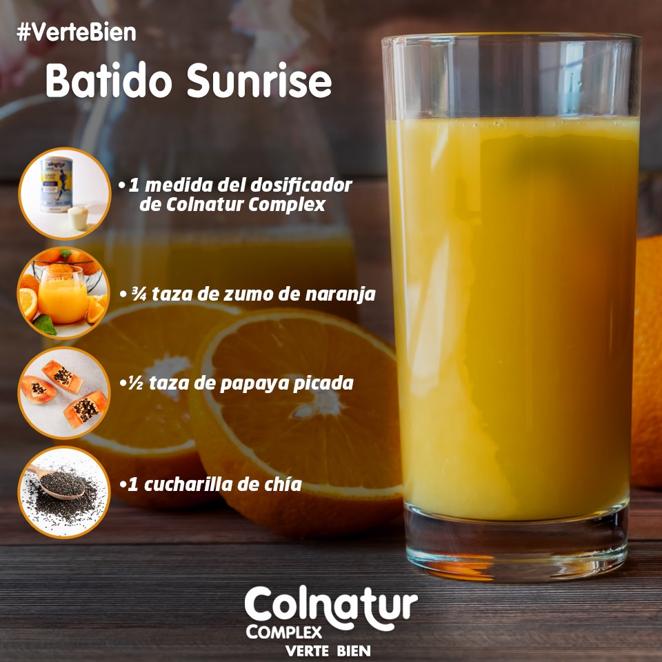 BagoBolivia's tweet photo. Batido Sunrise🍊
• 1 medida del dosificador de Colnatur Complex
• ¾ taza de zumo de naranja
• ½ taza de papaya picada
• 1 cucharilla de chía
Verter todos los ingredientes en la licuadora.
#VerteBien #SaludyBienestarBagó #ColnaturComplex #ColnaturBolivia https://t.co/9t7UVQ42QM