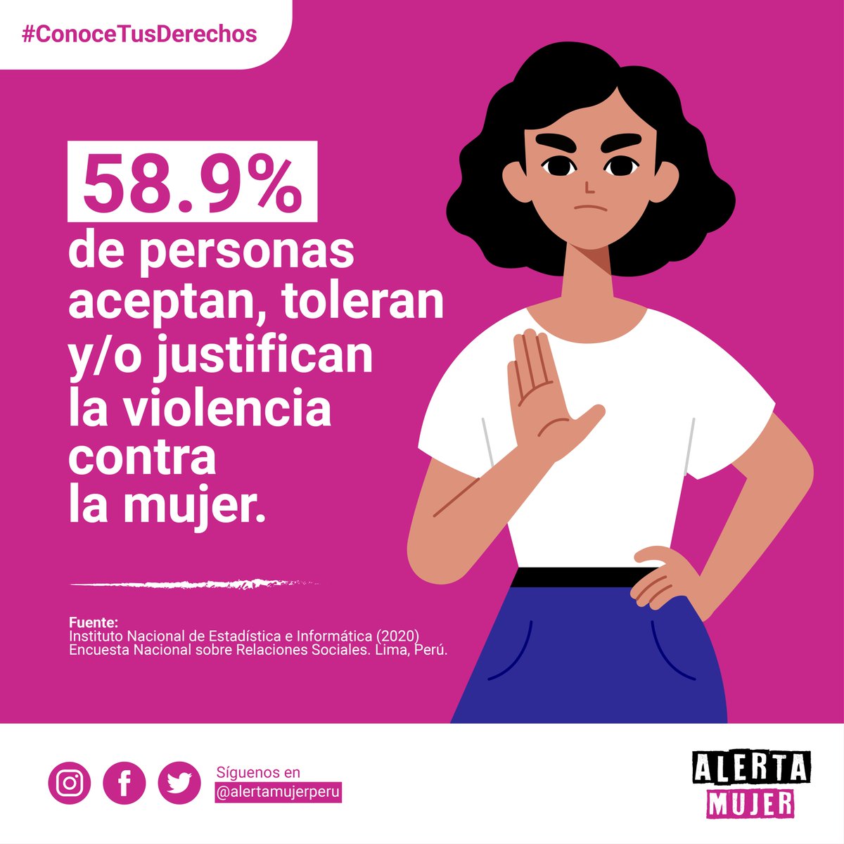alertamujerperu's tweet photo. ⚠️ #AlertaMujer | Según la última encuesta ENARES, más del 50% de personas demuestran tolerancia social hacia la violencia contra las mujeres.
👉 Por ello, debemos cuestionar y transformar esta forma de pensar y actuar. #ConoceTusDerechos
#MIMP #campaña #mujer #peru https://t.co/mHMiQBFRwB