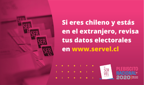ServelChile's tweet photo. Si eres chileno y estás en el extranjero, te contamos que hoy comienza el periodo de reclamaciones al padrón electoral auditado para el #Plebiscito #VotoExterior Más info en https://t.co/lHzhWmGZVE https://t.co/3KWgLDSTLr