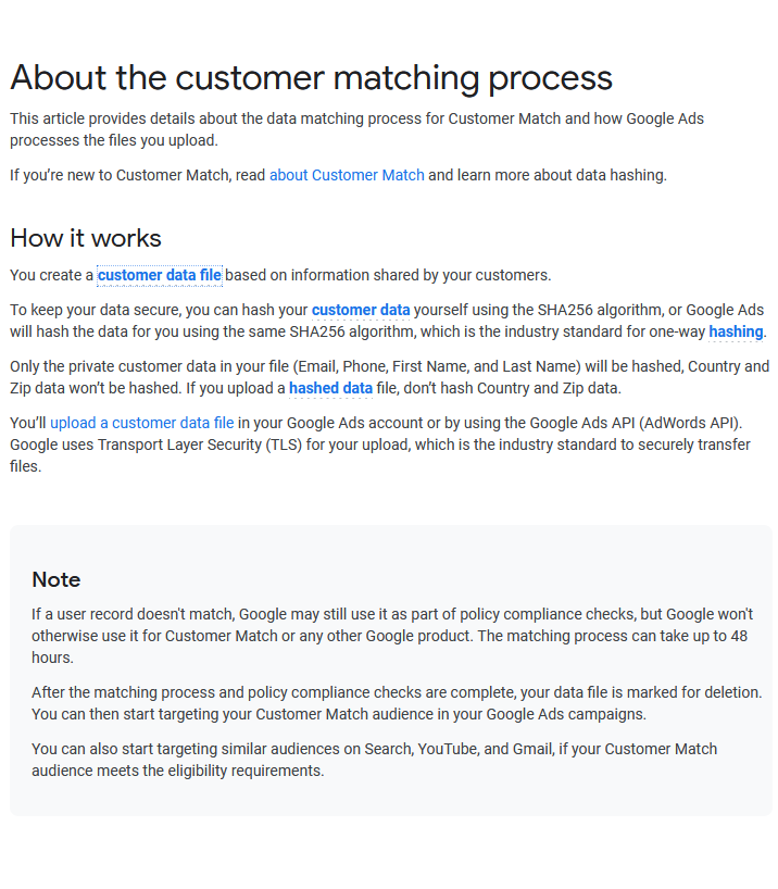 Wanna upload lists of email addresses or phone numbers of people with certain characteristics to FB or Google, in order to link them to FB/Google profile data?"you must share your data in an hashed format to maintain privacy" https://developers.facebook.com/docs/marketing-api/audiences/guides/custom-audiences/ https://support.google.com/google-ads/answer/7474263?hl=en