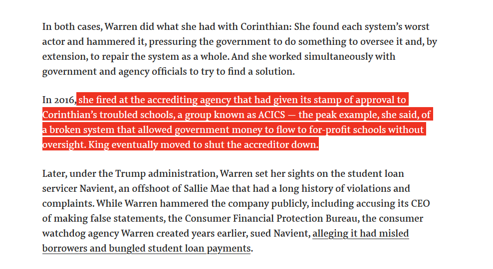 474. Warren also got the accrediting agency which had given Corinthian its accreditation closed. Warren created precedents that allowed students to get court-ordered loan forgiveness even under an unwilling Betsy DeVos & will enable more expansive forgiveness in next Dem admin.