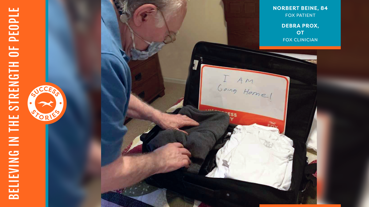 FOXRehab's tweet photo. Norbert Beine, 84 years young, is excited to be going home thanks to the clinically excellent care he has received from FOX clinician Debra Prox, OT.
#FOXfeats #WeAreFOX #OutpatientOnWheels #FlattenTheCurve #OccupationalTherapy #OT. https://t.co/VsfbDxXx0J