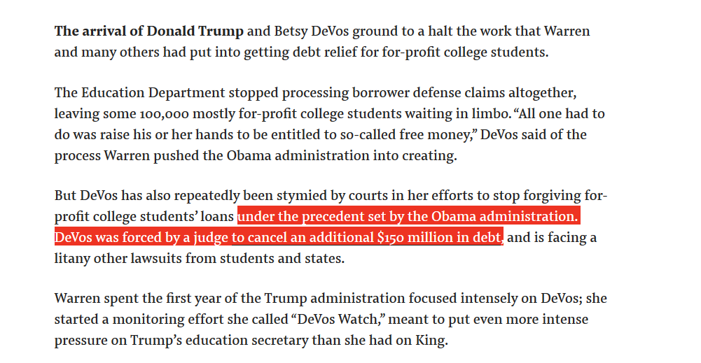 474. Warren also got the accrediting agency which had given Corinthian its accreditation closed. Warren created precedents that allowed students to get court-ordered loan forgiveness even under an unwilling Betsy DeVos & will enable more expansive forgiveness in next Dem admin.