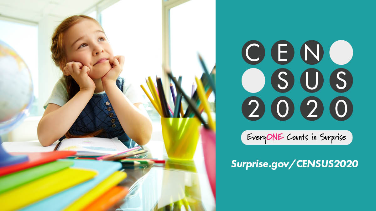 AZSurprise's tweet photo. The start of the school year looks different this year, but it’s just as important to count children in the #2020Census to support education funding for the next 10 years. Count now at https://t.co/4p1I6bhsa7 More info: https://t.co/3xJbSfGrCP #EveryoneCountsInSurprise #AZCounts https://t.co/9sgIpTEvL2