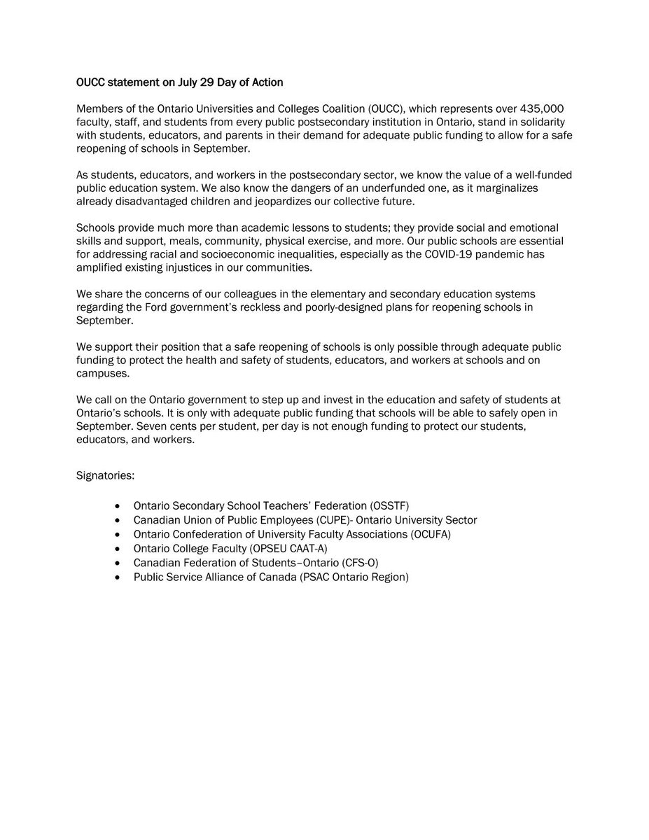 OCUFA's tweet photo. Ontario Universities and Colleges Coalition (OUCC) stands in solidarity with students, educators, and parents in their demand for adequate public funding for a #SafeSeptember
We call on @fordnation and @Sflecce to invest in the education &amp; safety of students, staff &amp; educators. https://t.co/naLERYOFG2