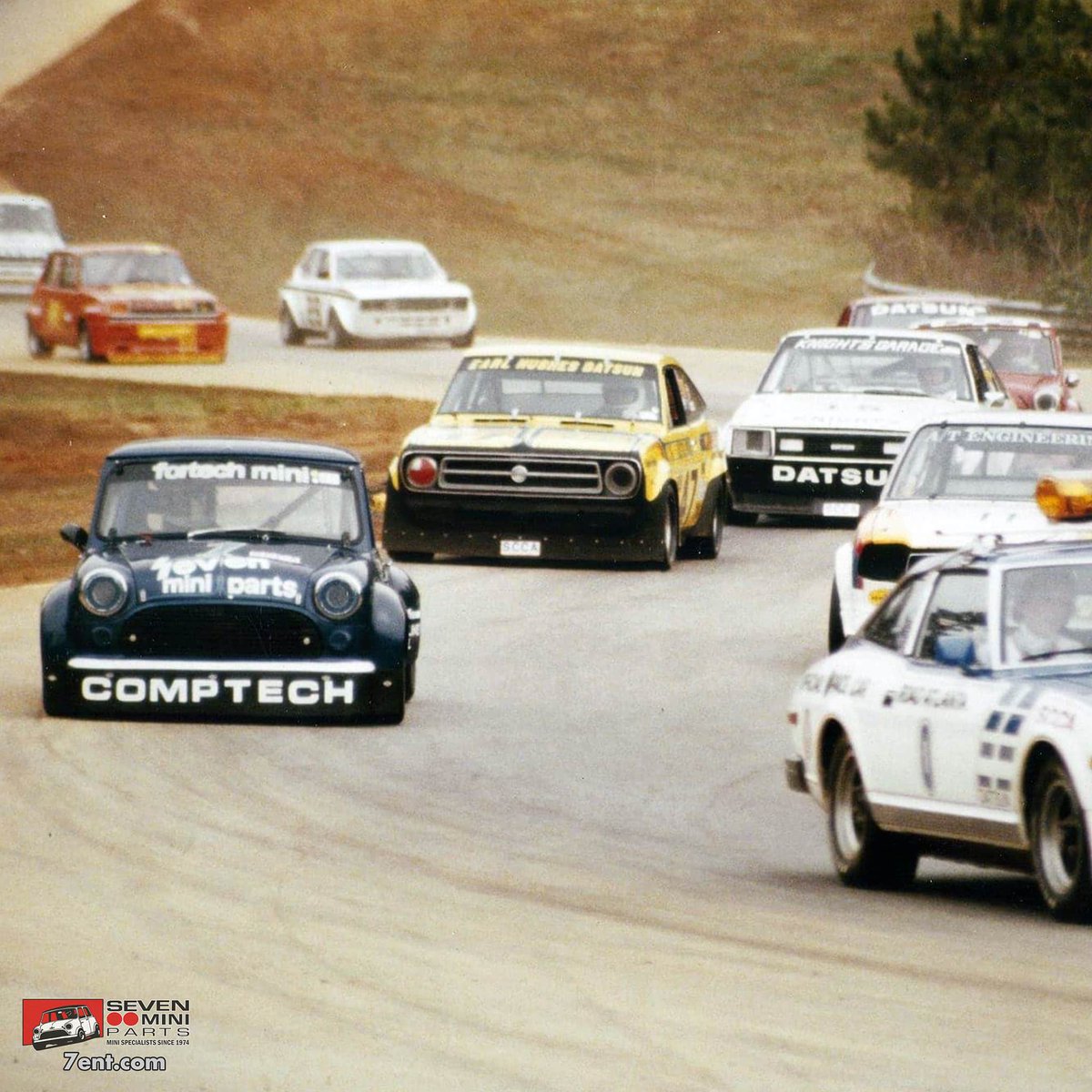 SevenMiniParts's tweet photo. Pace lap at the 1981 #SCCARunoffs at #RoadAtlanta. Fortech driver (ret.) Doug Peterson is now restoring the pictured version of the #FortechMini (1984 SCCA GT5 National Champion) to original specs with help from long-time sponsor #SevenMiniParts | https://t.co/gToiSUauMQ https://t.co/TGaLWqmAmW