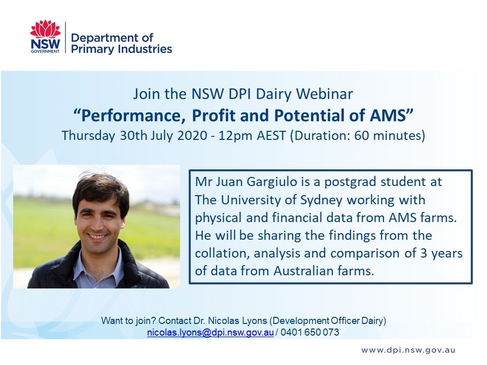 Lyons_Nico's tweet photo. @nswdpi #dairy webinar tomorrow 31/July 12pm AEST "Performance, Profit & Potential of AMS" w/ Juan Gargiulo. 4 yrs of physical & financial data from π¦πΊ AMS farms! #MilkingEdge is an #ausdairy project by @Dairy_Australia @nswdpi @DeLaval REGISTER NOW: https://t.co/sq5nsIDydX https://t.co/VHA0jb1jFR