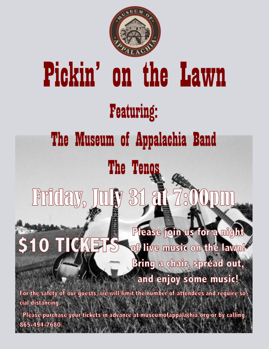 AndCoAdventure's tweet photo. The Museum of Appalachia presents a night of live music with The Museum Band &amp; The Tenos! Bring a chair &amp; spread out, OR park &amp; enjoy the music from your vehicle! Refreshments available for purchase.  Tickets $10 per person or $25 per vehicle. Children 5 &amp; under are free. https://t.co/khfusZU7S4