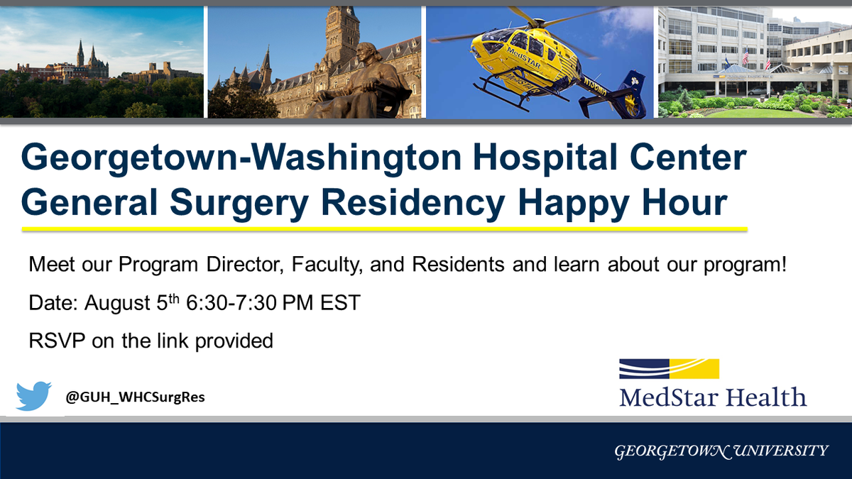 Hey #medtwitter! Join us August 5th for our happy hour with faculty and residents to learn about our program! 
docs.google.com/forms/d/e/1FAI…
<a href="/p_g_j_/">Patrick Jackson, MD</a> <a href="/drdavidsong/">DAVID H SONG MD, MBA 송하빈</a> <a href="/APDSurgery/">APDS surgery</a> <a href="/AmCollSurgeons/">American College of Surgeons</a> <a href="/SurgeryPrograms/">General Surgery Residency Programs</a> <a href="/studentdoctor/">Student Doctor Network</a> <a href="/GUMedicine/">Georgetown Medicine</a> <a href="/DiverseGUMed/">GU Med Diversity</a> <a href="/SocietyofBAS/">Society of Black Academic Surgeons</a> <a href="/AsianAcadSurg/">SocAsianAcadSurg</a>