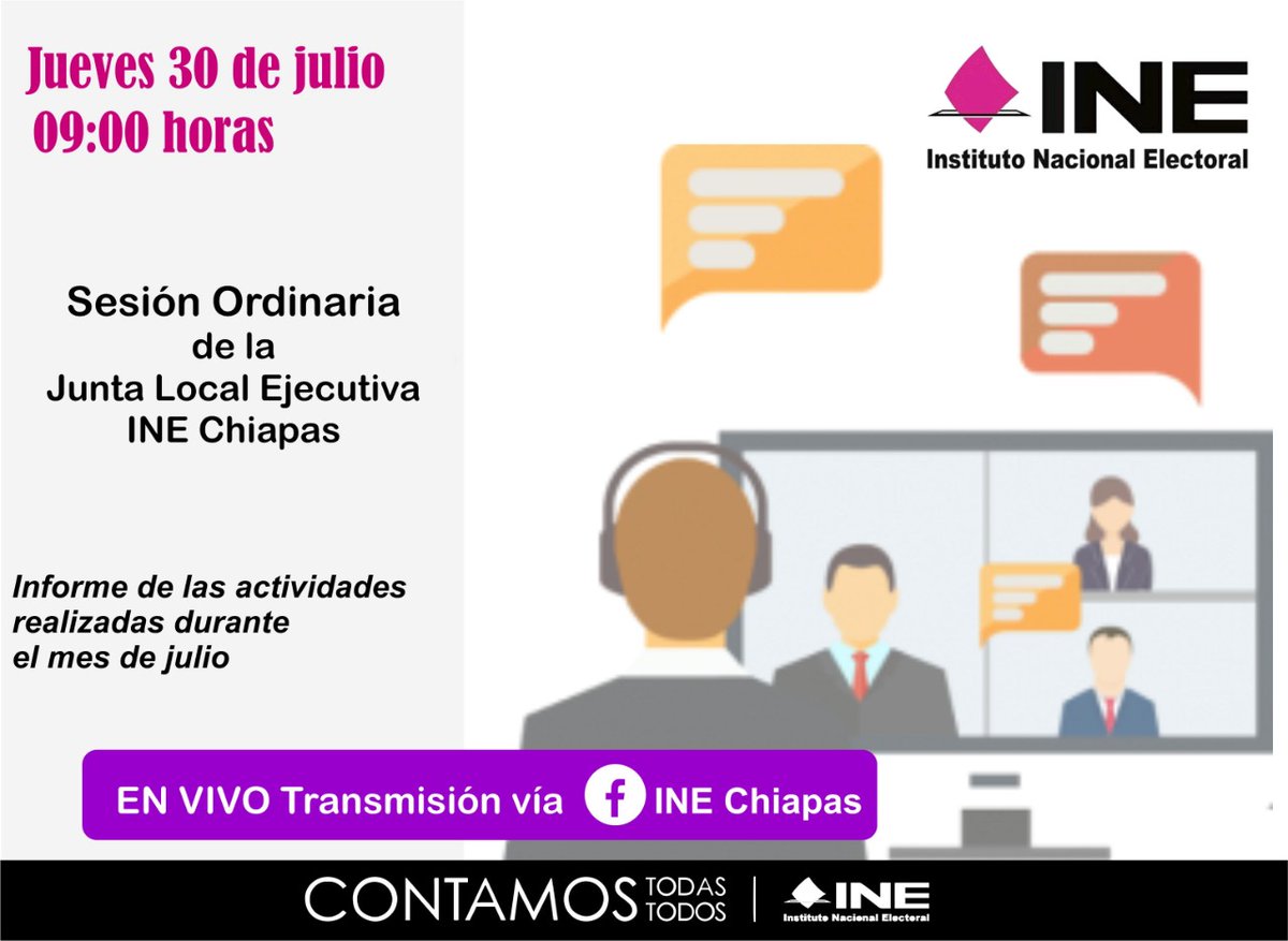 INE_Chiapas's tweet photo. #InvitaciónINE
Por primera vez, la Junta Local del #INEChiapas transmitirá #EnVivo y de manera virtual su Sesión Ordinaria de Junta, para dar cuenta de las actividades realizadas en el mes de Julio
📲Conéctate este jueves 30/julio a las 09:00 hrs al #Fb 👉 https://t.co/nnmgO9WOXN https://t.co/2cxrmbEJzQ