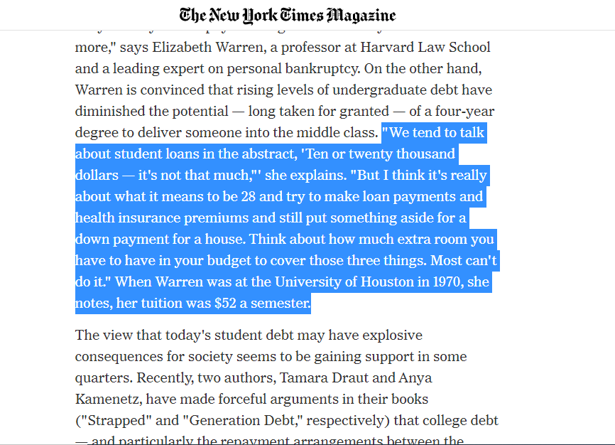 475. Warren talking to the New York Times in 2006 about the problem of student loans.  https://www.nytimes.com/2006/06/11/magazine/11loans.html