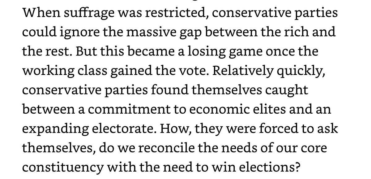 3/ To explain the modern GOP, the authors describe what Daniel Ziblatt calls the “Conservative dilemma" Conservatives represent the interests of a few wealthy people.Their economic policies are unpopular.So when more people are allowed to vote, they have a problem.