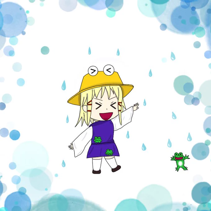 梅雨時にとはしゃぐ諏訪子様2頭身描いてみたら可愛いと思ったので色も塗ってみました! 