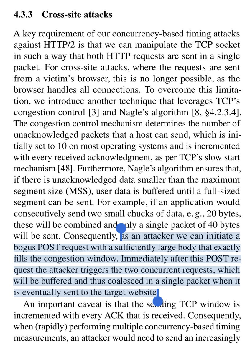 This paper on new timing attack technique based on HTTP2 multiplexing is beautiful! I’ve highlighted the key parts. Look at those request numbers! 

Now that <a href="/Burp_Suite/">Burp Suite</a> supporte HTTP2 perhaps we can hope to have a hacker friendly HTTP2 stack available via API to benefitn this