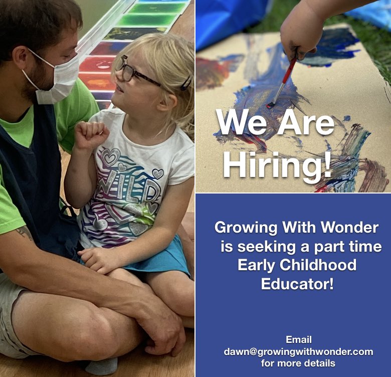 growing_wonder's tweet photo. ✨We are hiring!✨

Love to find &amp; create joy, wonder &amp; magical moments with young kiddos? Interested in a multi-age setting? 

We are seeking an Early Childhood Educator for a PT position of 20-25 hrs/week. Pay starts $16 an hour. Email dawn@growingwithwonder.com for more info! https://t.co/vLD5O9pJA9