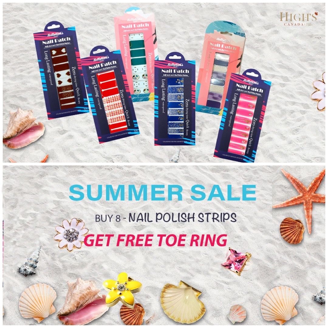 Highs16's tweet photo. High’s Summer Sale
Buy 8 Nail Polish Strips &amp; get a FREE TOE RING

VISIT https://t.co/So1l12fdvN to view our NEW DESIGNS

#highscanada #highsbeauty #homespa #beauty #skincare #onsale #nailcare #nails #design #nailstrips #nailstickers #nailpolish #nailcolours #nailart #gelnails https://t.co/TUj2PtGj98