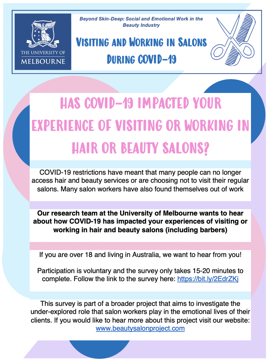 I'm conducting a survey about visiting or working in hair and beauty salons in Australia during COVID-19...I will be forever grateful if you fill it in and/or share in your networks 💅💋✂️💖 bit.ly/2EdrZKj